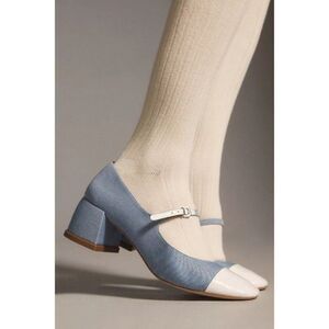 NEW ANTHROPOLOGIE Sz 38 7 COLORBLOCK MARY JANE HEELS DENIM WHITE